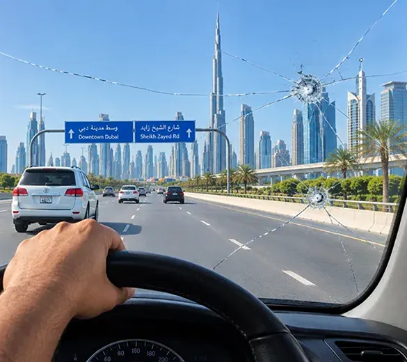 Heavily Cracked Car Windshield